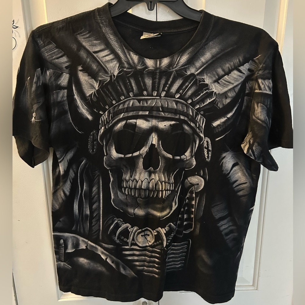 Vtg Liquid Blue TShirt Mens Native American Skeleton All Over Print Size Medium